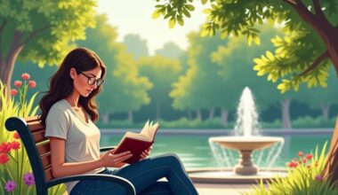 Eine Frau liest ein Buch auf einer Parkbank (Montage)