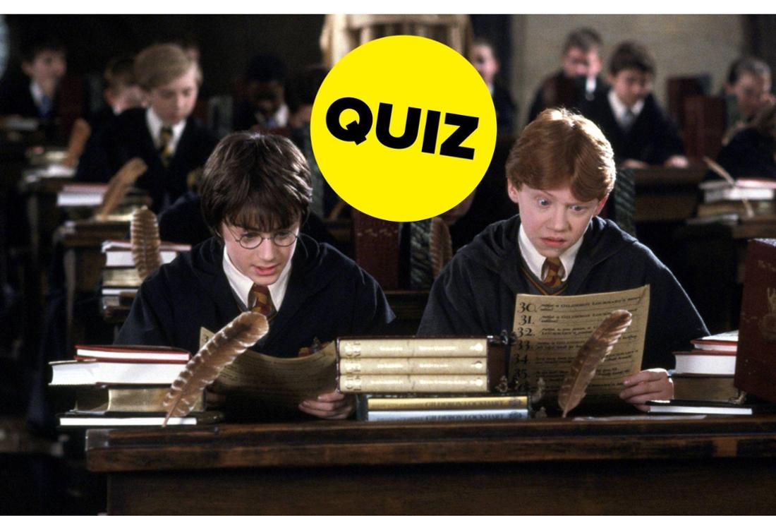 Szene aus „Harry Potter und die Kammer des Schreckens“. Harry und Ron schauen sich Pergament-Papier an. In der Mitte das „Quiz“-Symbol.