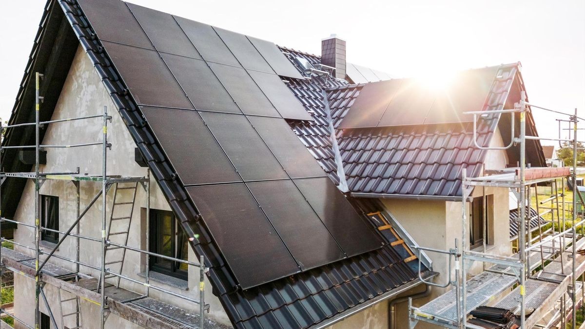 Construction site of a sustainable single family house with solar panels