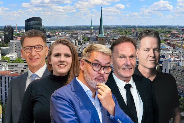 Sie gehören zu Dortmunds einflussreichsten Menschen (v.l.): Noch-Signal-Iduna-Chef Ulrich Leitermann, Grünen-Fraktionschefin und OB-Kandidatin Katrin Lögering, Oberbürgermeister Thomas Westphal, BVB-Boss Hans-Joachim Watzke und Wilo-Chef Oliver Hermes.