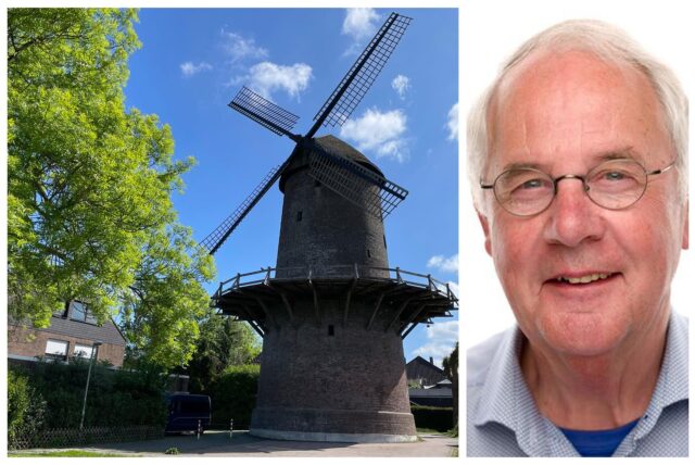 Links im Bild ist die Turmwindmühle Werth in Isselburg zu sehen. Auf dem rechten Bild ist Mitglied des Heimatvereins Werth Johann Radstaak zu erkennen.