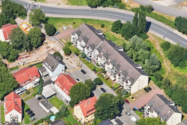 Luftbild der Baustelle auf Huckarder Alle und der Straße Mailoh.