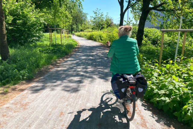 Eine Radfahrerin biegt auf die Idustrieallee in Herten-Süd ab.
