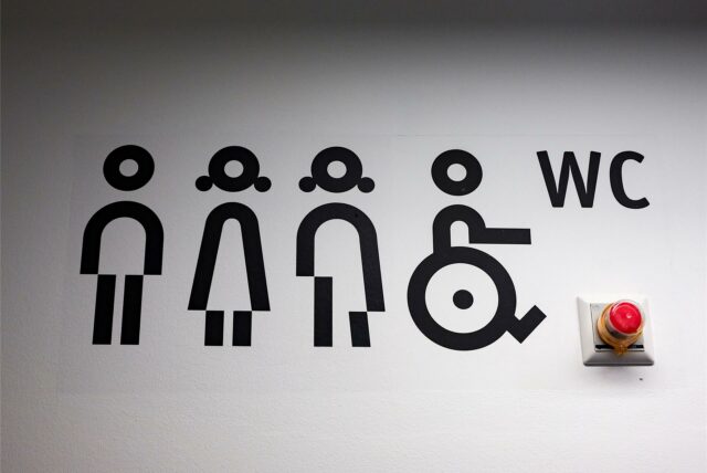 WC-Piktogramme mit Gender-Symbolen für männlich, weiblich, Intersexualität und Menschen mit Behinderungen.