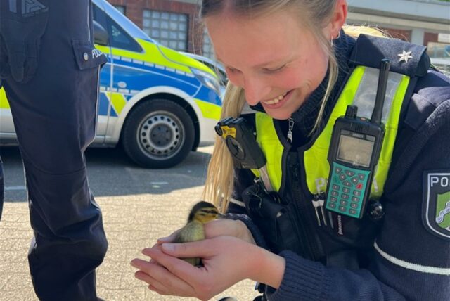 Eine Polizistin mit einer Ente in der Hand.