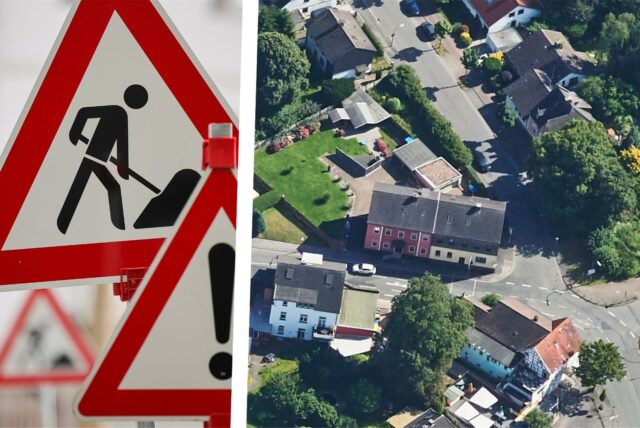 Bildkombo: links Baustellenschilder, rechts Luftbild von der Bodelschwingher Kreuzung.