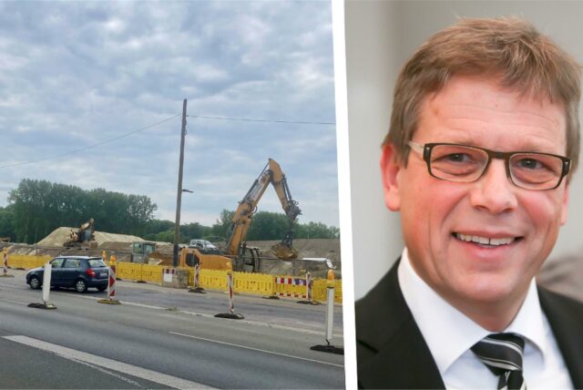 Ein Porträt von Baudezernent Arnulf Rybicki und ein Bild von der Bauselle mit Kanalbauarbeiten an der Brackeler Straße – dort, wo die Hoeschallee beginnen soll.