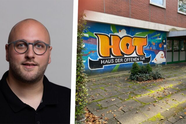 Bildkombo: links Lauritz Tebbe, rechts Eingangsbereich mit „HoT“-Graffiti vom Huas der offenen Tür am Mengeder Burgring.