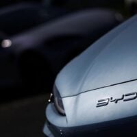 The logo of BYD is pictured on an electric car at a dealership in Reze near Nantes, France, March 27, 2025. REUTERS/Stephane Mahe