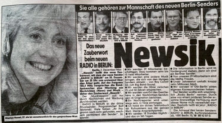 Ausschnitt aus der Tageszeitung B.Z. über den geplanten Sendestart von Radio in Berlin (1987)