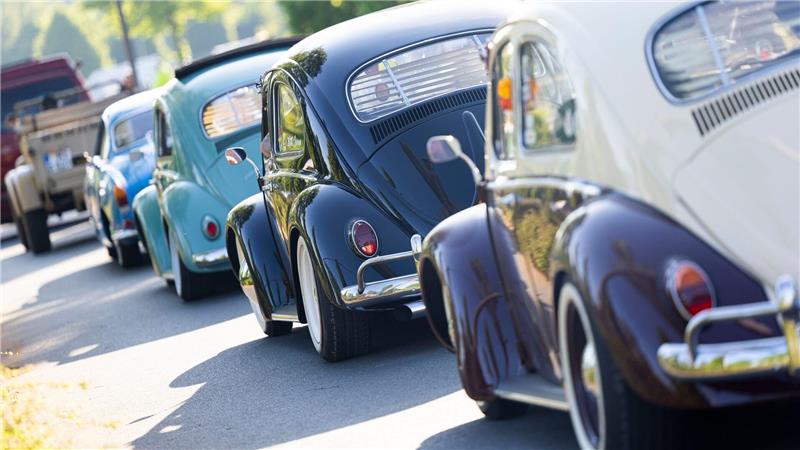 Klassische VW-Käfer stehen Schlange auf dem Messegelände in Hannover.