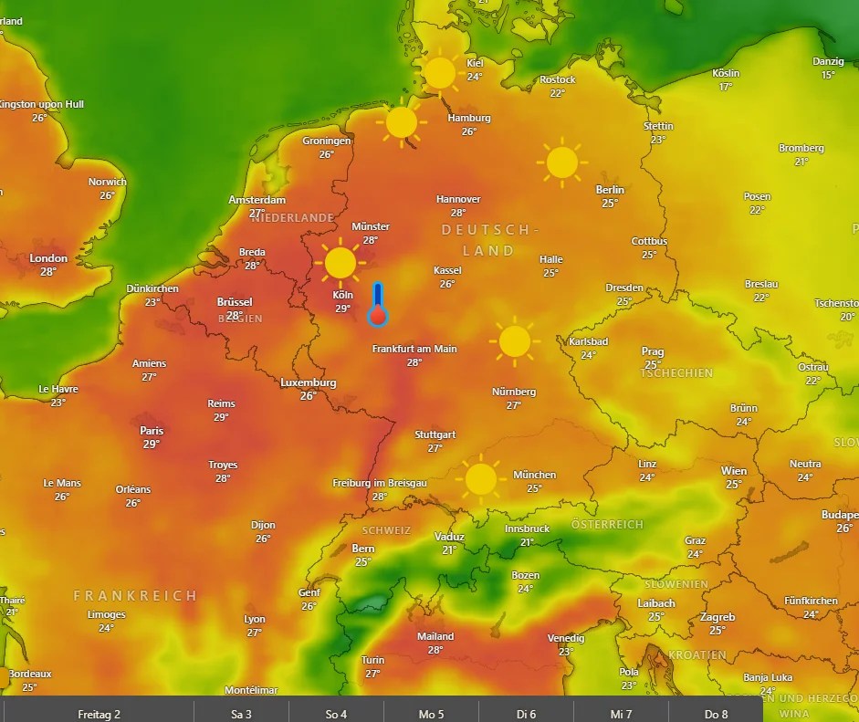 Artikelbild:Deutschland am 1. Mai 2025: Rekordwärme und Gewittergefahr durch Kaltfront.