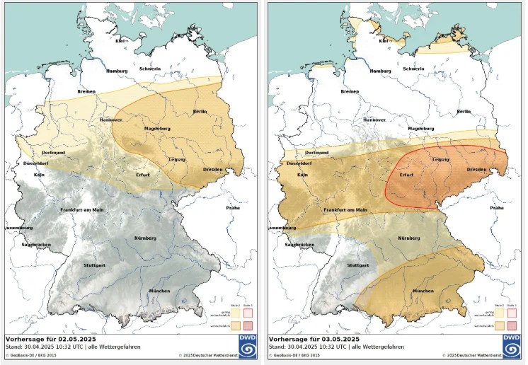 Artikelbild:Deutschland am 1. Mai 2025: Rekordwärme und Gewittergefahr durch Kaltfront.