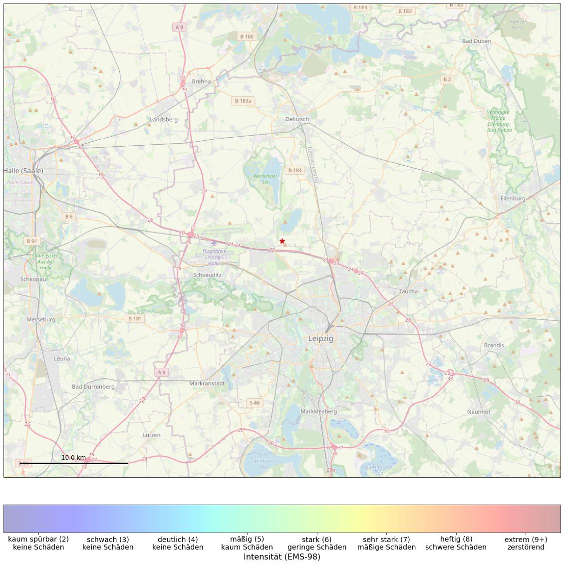 Berechnete Intensität (ShakeMap) des Erdbebens der Stärke 2.1 am 12. Mai, 08:43 Uhr in Deutschland