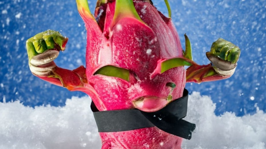 Eine Drachenfrucht im Schnee trägt einen Karategürtel – Dieses Bild hat Google Imagen daraus gemacht.