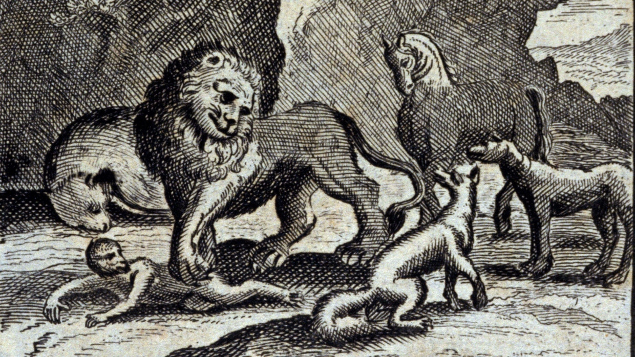 „Am Hof des Löwen“: Illustration zu einer Ausgabe von 1728 der „Fabeln“ von Jean de La Fontaine.