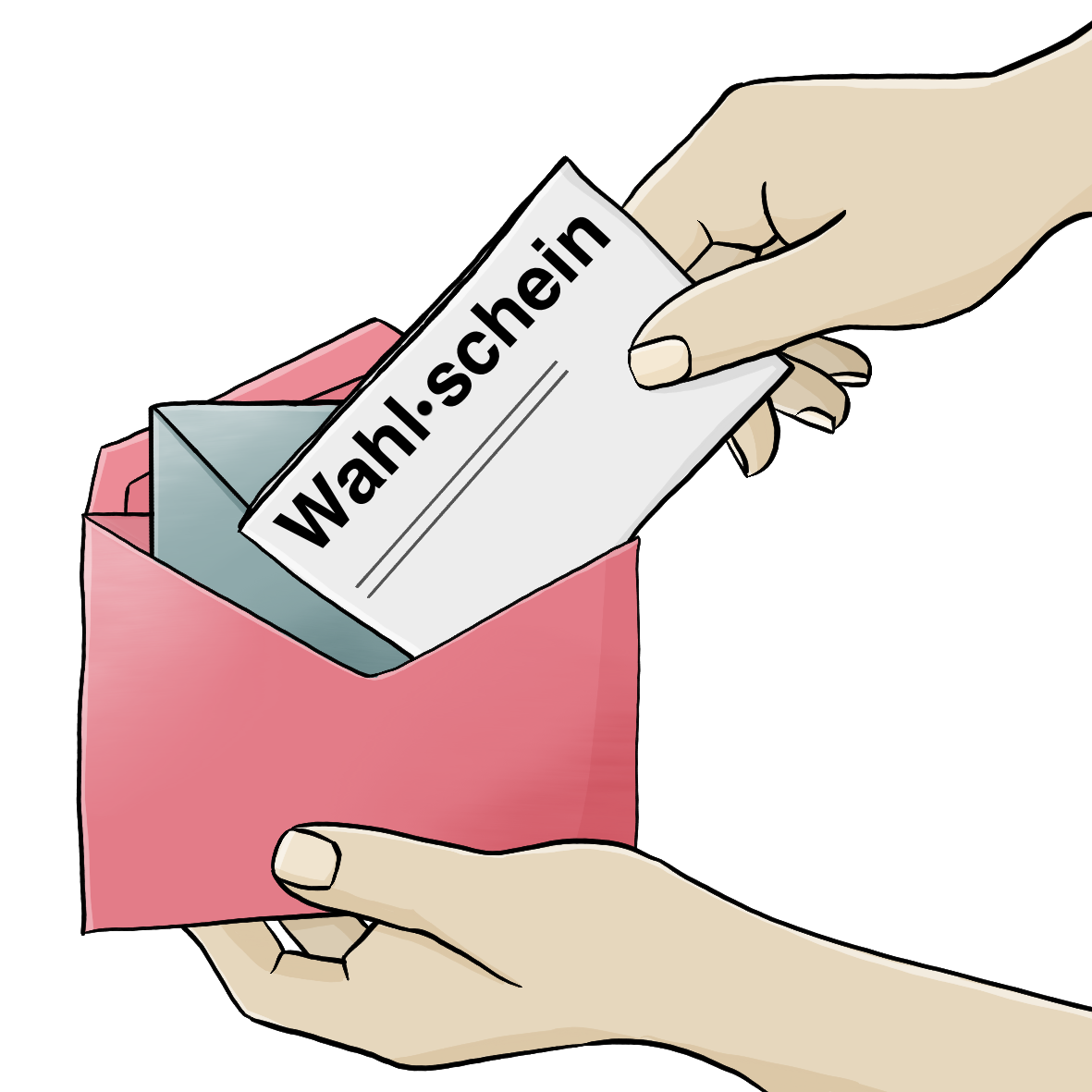 Eine Hand holt einen Wahlschein aus einem roten Briefumschlag