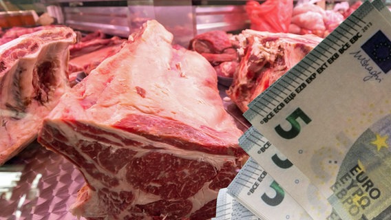Hand mit Geldscheinen vor einer Fleischtheke (Symbolfoto für Verteuerung von Fleisch) © picture alliance / CHROMORANGE | Andreas Poertner 