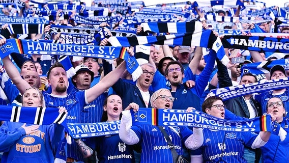 Jubelnde HSV-Fans halten Schals hoch. © Witters 
