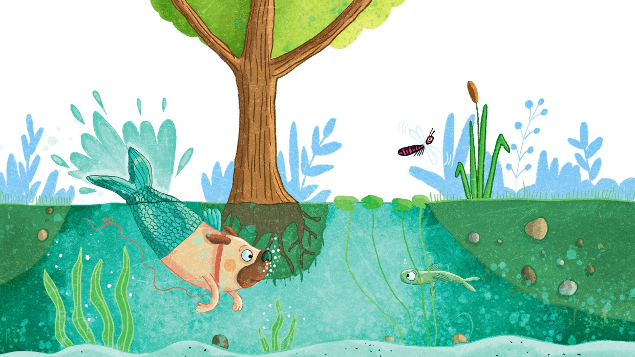 Im Gartenteich, wie sich schnell herausstellen wird, ist der arme Mopsfisch auch nicht recht am Platz.