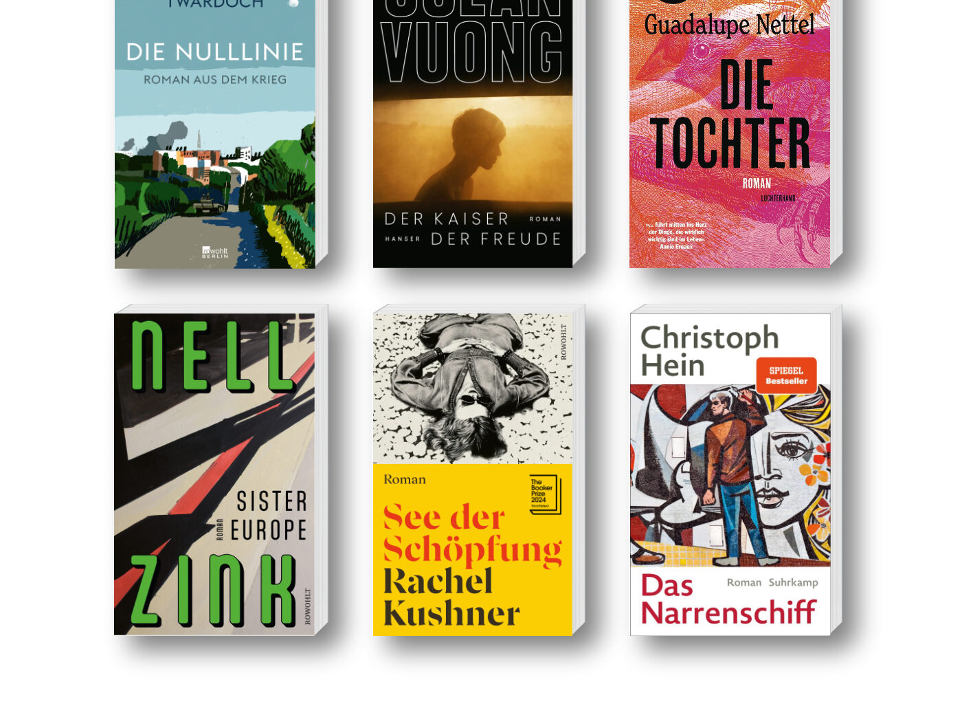 Die besten Bücher im Juni 2025: Buchcover von Ocean Vuong, Rachel Kushner, Nell Zink, Szczepan Twardoch, Guadalupe Nettel und Christoph Hein