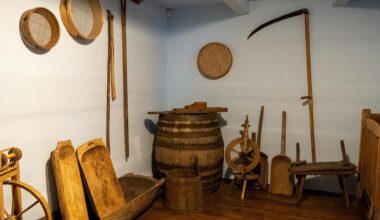 Blick in einen kellerartigen Raum in dem historische Landwirtschaftsgeräte stehen und an den Wänden hängen wie ein Spinnrad und Sensen.