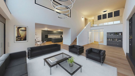 Blick in das Wohnzimmer einer Villa in Hannover, die zur Auktion steht. © 360-PRO GmbH/Oliver Vosshage Foto: Oliver Vosshage