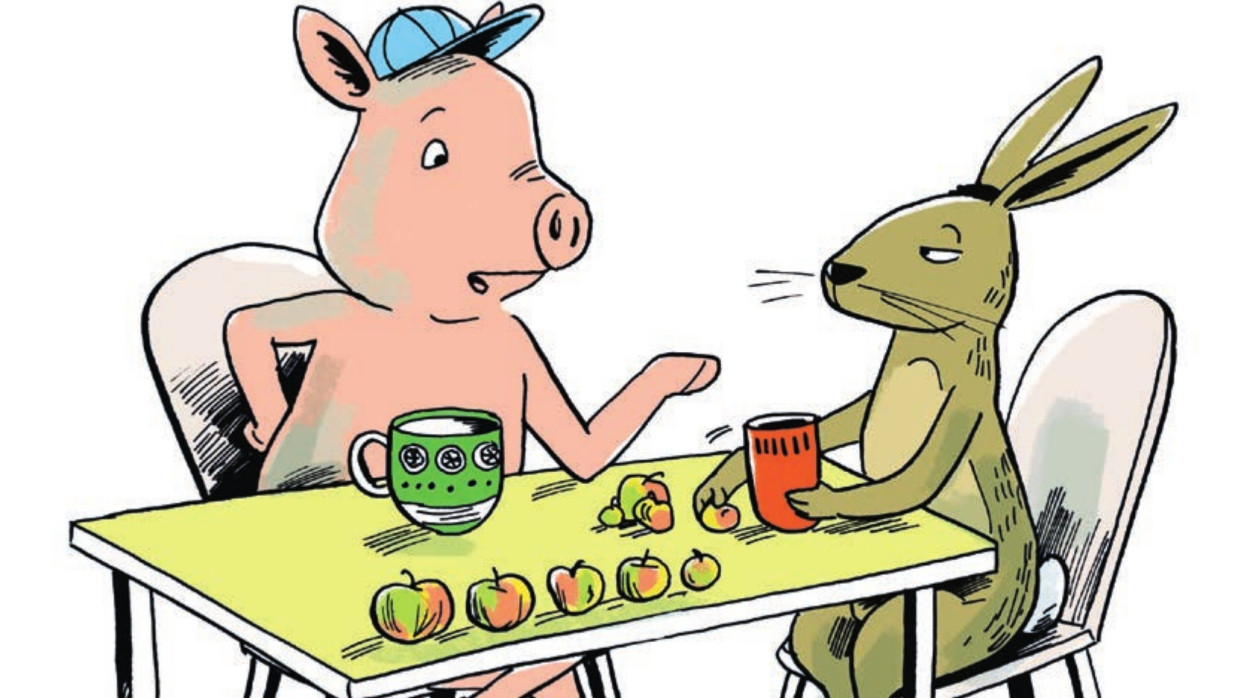 Nur kurz die Äpfel der Größe nach sortieren: Die Tiere dürfen hier das Eigenleben führen, das in ihrer Figurenzeichnung angelegt ist.