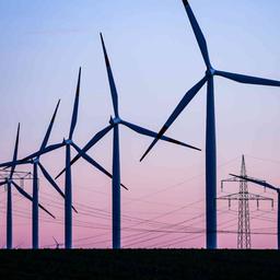 Archiv: Windkraftanlagen und Hochspannungsleitungen sind vor dem Abendhimmel zu sehen. (Foto: dpa