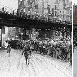 80 Jahre Kriegsende, die Berliner Oberbaumbrücke 1945 und 2025.(Quelle: Picture Alliance/rbb24/Winkler)