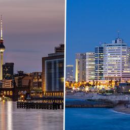Stadtpanorama von Berlin (links) und Tel-Aviv (rechts). (Quelle: dpa)