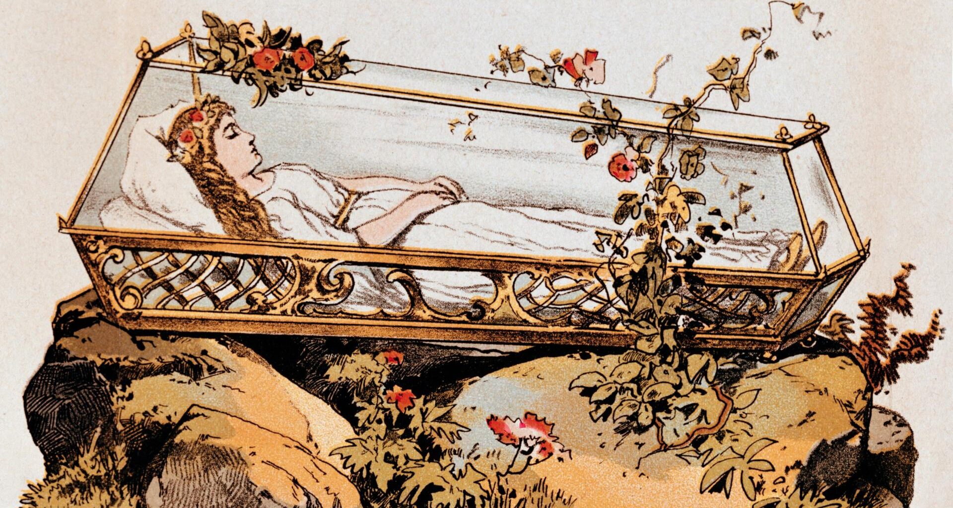Ein Bild des Märchens Schneewittchen der Gebrüder Grimm zeigt Schneewittchen im gläsernen Sarg auf einem Felsen, um den Sarg wachsen Rosen. (Ausschneidebogen für Kindertheater um 1870)