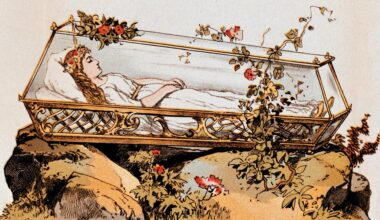Ein Bild des Märchens Schneewittchen der Gebrüder Grimm zeigt Schneewittchen im gläsernen Sarg auf einem Felsen, um den Sarg wachsen Rosen. (Ausschneidebogen für Kindertheater um 1870)