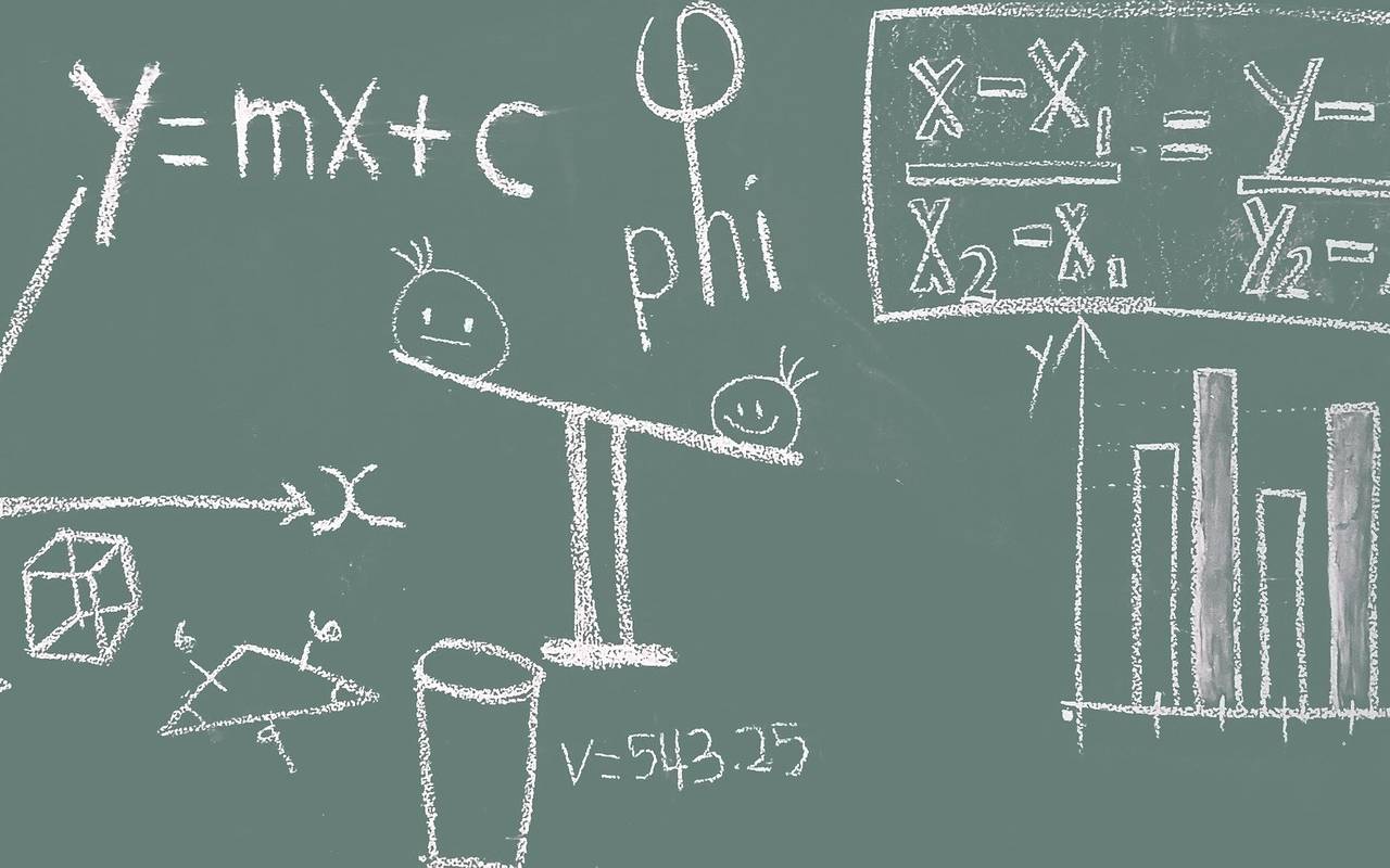 Eine bemalte Schultafel; mit mathematischen Formeln und Zeichnungen.