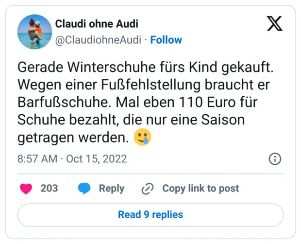 Gerade Winterschuhe fürs Kind gekauft. Wegen einer Fußfehlstellung braucht er Barfußschuhe. Mal eben 110 Euro für Schuhe bezahlt, die nur eine Saison getragen werden. 🥲
