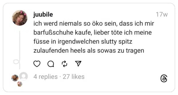 ich werd niemals so öko sein, dass ich mir barfußschuhe kaufe, lieber töte ich meine füsse in irgendwelchen slutty spitz zulaufenden heels als sowas zu tragen
