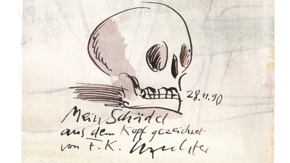 Ein gezeichneter Totenschädel mit der Unterschrift: "Mein Schädel aus dem Kopf gezeichnet". © F. K. Waechter Erbengemeinschaft 