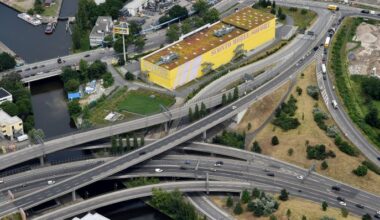 Archivbild: Das Autobahndreieck Neukölln vor dem Hafen Neukölln in Berlin, aufgenommen am 16.06.2016 aus einem Forschungs-Zeppelin des Helmholtz-Zentrums. (Quelle: dpa-Zentralbild/Bernd Settnik)