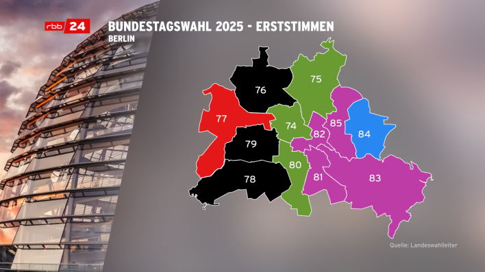 Karte zu Erststimmen in den Wahlkreisen zur Bundestagswahl 2025 Berlin