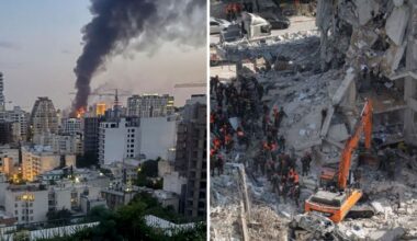 Collage: (links) Rauchschwaden steigen in Teheran auf, nach dem Einschlag einer israelischen Rakete; Bergungsarbeiten in Bat Yam, in zentral Isreal, nach dem Einschlag einer iranischen Rakete. (Quelle: dpa/Middle East Images/Chen Junqing)