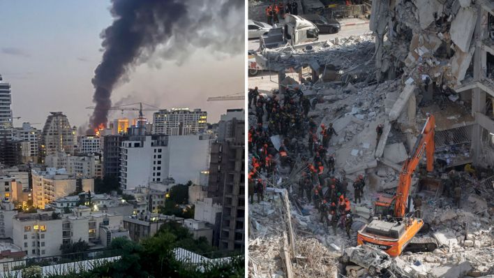 Collage: (links) Rauchschwaden steigen in Teheran auf, nach dem Einschlag einer israelischen Rakete; Bergungsarbeiten in Bat Yam, in zentral Isreal, nach dem Einschlag einer iranischen Rakete. (Quelle: dpa/Middle East Images/Chen Junqing)
