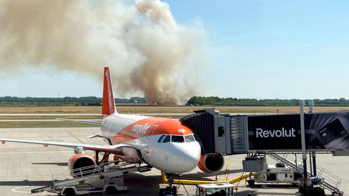 22.06.2025, Brandenburg, Schönefeld: Dichter Rauch steigt beim Brand auf einem Getreidefeld im Ortsteil Waltersdorf unweit des Flughafen BER