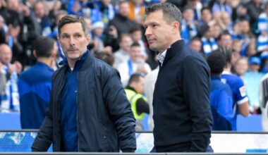 Hertha-Trainer Stefan Leitl (l.) und Sportdirektor Benjamin Weber im Gespräch. (Foto: IMAGO / mix1)