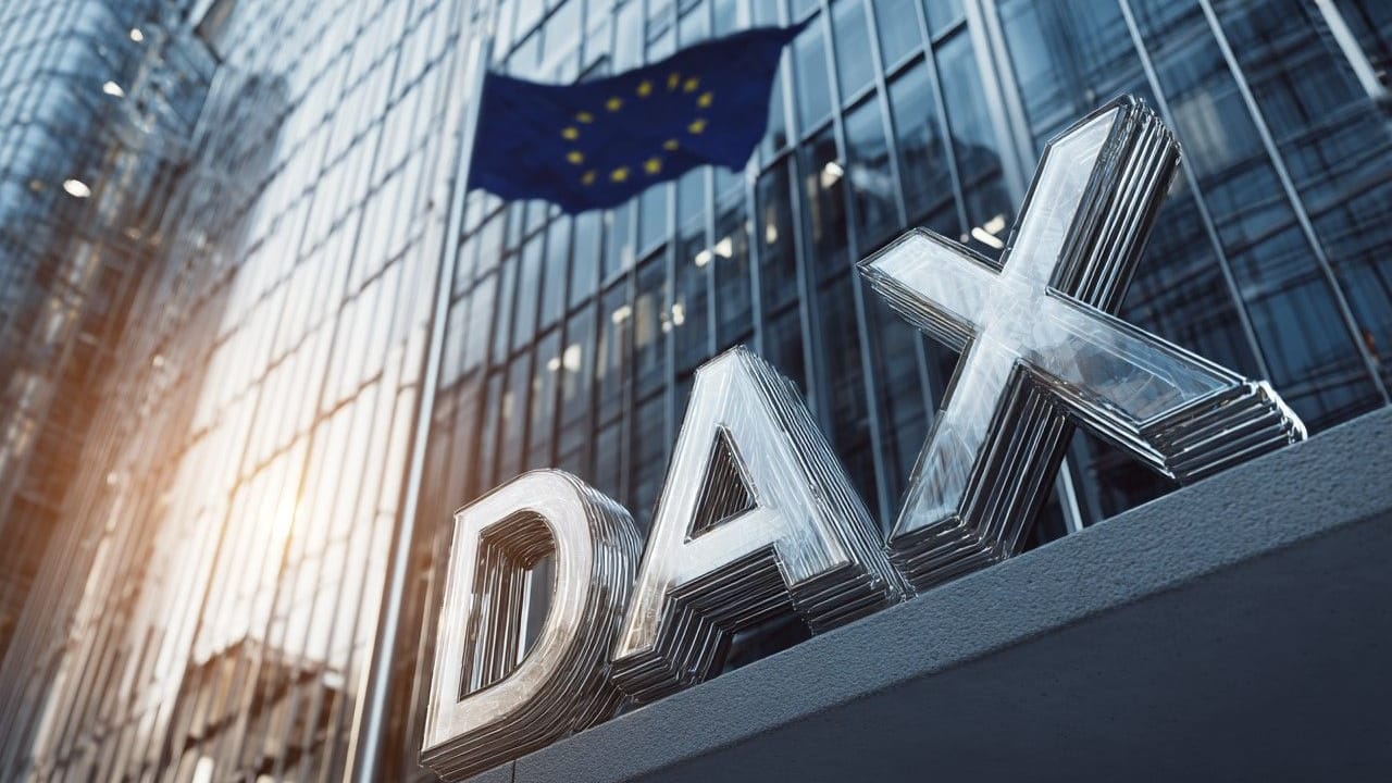 Deutscher Leitindex DAX und EU-Flagge im Hintergrund