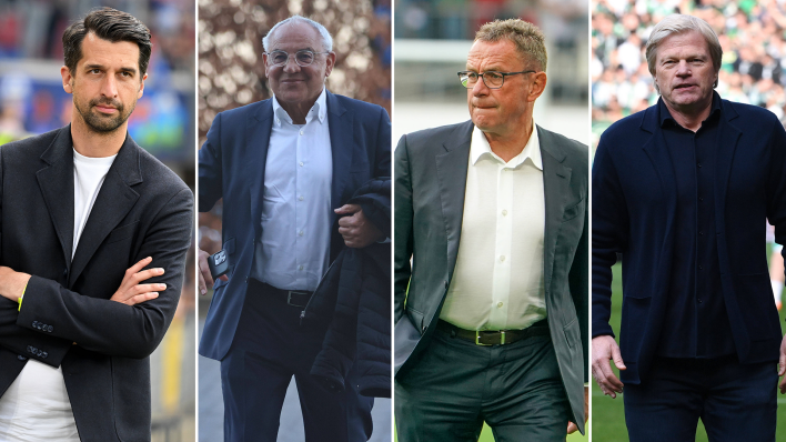 Collage Jonas Boldt, Felix Magath, Ralf Rangnick und Oliver Kahn (Quelle: Imago / Ulrich Hufnagel, Fussball-News Saarland, Steinsiek.ch, Team 2)