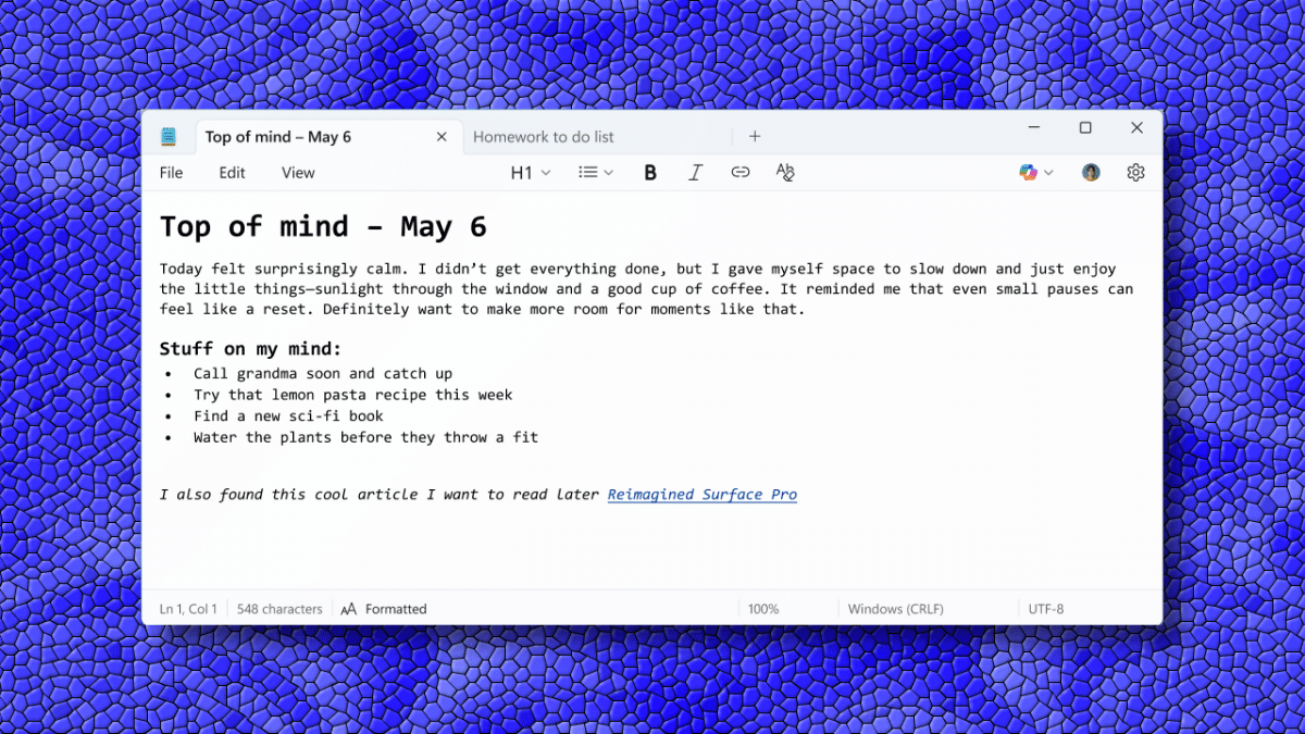 Notepad: Vorschau zeigt Textformatierung und Markdown-Unterstützung
