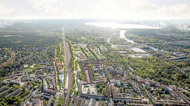 Siegerentwurf für das Wohnquartier Ehemaliger Güterbahnhof Köpenick: So soll es nach den Vorstellungen des Senats entlang der S-Bahnlinie 3 zwischen den Stationen Köpenick und Hirschgarten mal aussehen.