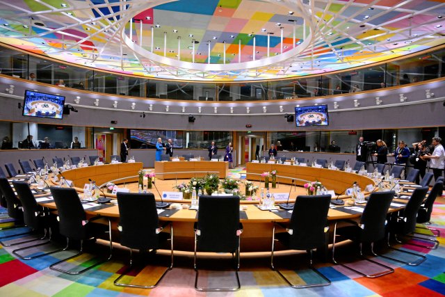 Ein Sitzungssaal des Europäischen Rates in Brüssel: Die Staats- und Regierungschefs der EU treffen sich vom 26. bis 27. Juni, um über die aktuellen Entwicklungen in der Ukraine und im Nahen Osten zu beraten.