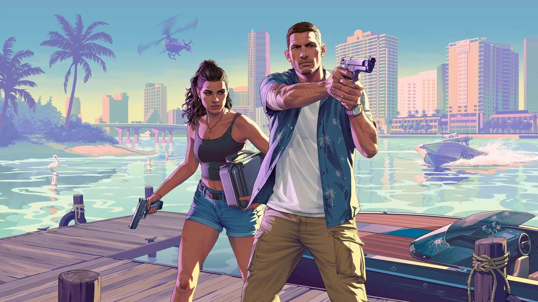 Artwork zu GTA 6, Jason und Lucia bewaffnet auf einem Bootssteg, im Hintergrund Vice City