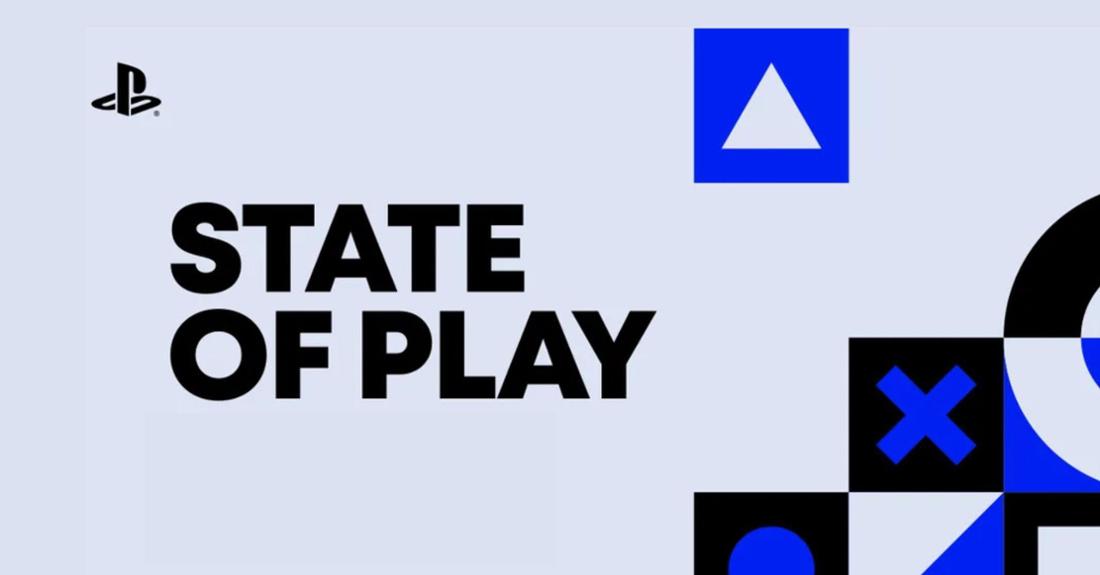 Graues Teaser-Bild für die „State of Play“, PlayStation-Logo oben links in der Ecke